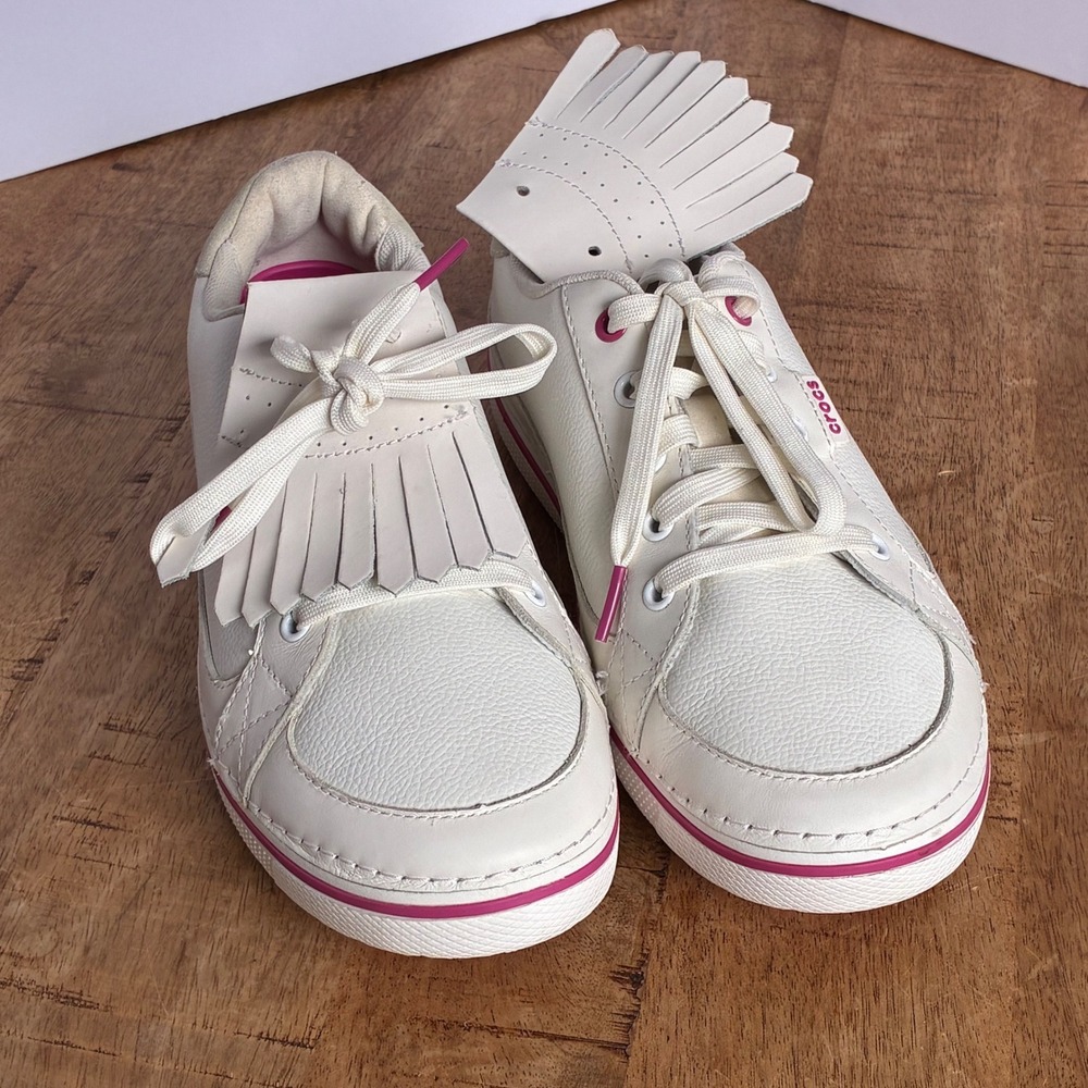 Crocs Bradyn Golf White Pink Leather Kiltie Shoes 18973 Womens 9